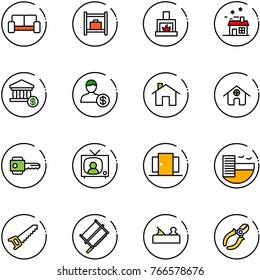 line vector icon set - vip waiting area vector, baggage room, fireplace, house, account, home, key, tv news, doors, hotel, saw, bucksaw, jointer, side cutters