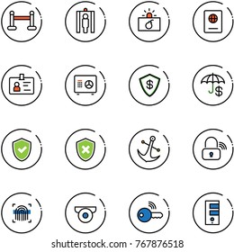line vector icon set - vip zone vector, metal detector gate, terrorism, passport, identity, safe, insurance, shield check, cross, anchor, wireless lock, fingerprint scanner, surveillance camera, key