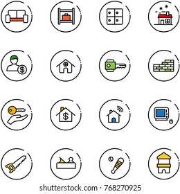 line vector icon set - vip waiting area vector, baggage room, house, account, home, key, brick wall, hand, dollar, wireless, monoblock pc, saw, jointer, baseball bat, toy block