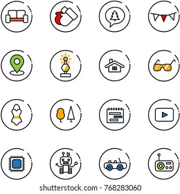 line vector icon set - vip waiting area vector, gloves, merry christmas message, flag garland, map pin, award, home, sunglasses, swimsuit, forest, terms plan, playback, cpu, robot, toy car, radio