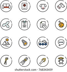 line vector icon set - vip waiting area vector, passport, dog, three leafs, pull ups, history, moon flag, pyramid, shell, rover, chat, plumber, bolt cutter, tile drill, doll