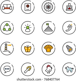 line vector icon set - vip waiting area vector, passport, firework, fireplace, social, idea, pyramid flag, flying man, lighthouse, butterfly, shell, chat, tile drill, chicken toy, horse