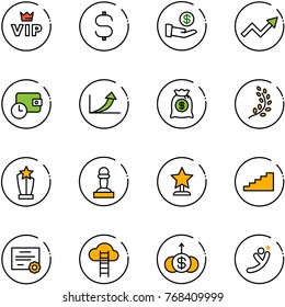 line vector icon set - vip vector, dollar sign, investment, growth arrow, wallet time, money bag, golden branch, award, pawn, stairs, certificate, cloud ladder, flying man