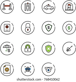 line vector icon set - vip zone vector, metal detector gate, safety car, officer window, passport, lock, safe, insurance, locked, shield cross, key, certificate, fingerprint scanner