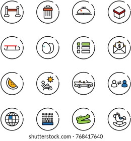 line vector icon set - vip zone vector, trash bin, client bell, gift, sleigh, eggs, menu, mail dollar, watermelone, beach, cabrio, information exchange, globe, binary code, crocodile, rocking horse