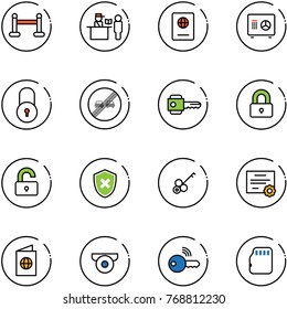 line vector icon set - vip zone vector, passport control, safe, lock, end overtake limit road sign, key, locked, unlocked, shield cross, certificate, surveillance camera, wireless, micro flash card