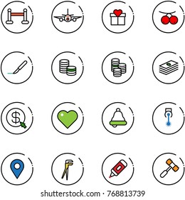 line vector icon set - vip zone vector, plane, gift, rowanberry, scalpel, coin, dollar, money click, heart, bell, laser, navigation pin, plumber, marker, toy hammer