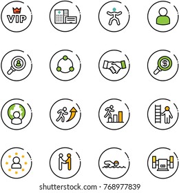 line vector icon set - vip vector, hospital building, gymnastics, user, head hunter, community, agreement, search money, man globe, career, opportunity, star, swimming, sharpening