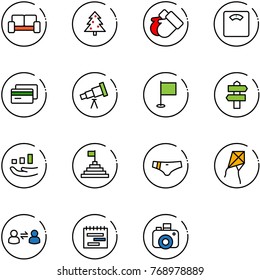 line vector icon set - vip waiting area vector, christmas tree, gloves, floor scales, credit card, telescope, flag, signpost, growth, pyramid, swimsuit, kite, information exchange, terms plan