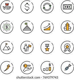 line vector icon set - vip vector, dollar, exchange, sun, pyramid flag, rise, arrows up, mountain, win, star medal, growth, key hand, chart, dart