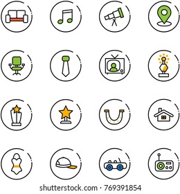 line vector icon set - vip waiting area vector, music, telescope, map pin, office chair, tie, tv news, award, luck, home, swimsuit, cap, toy car, radio