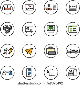 line vector icon set - vip waiting area vector, credit card, fork loader, dollar, big cash, safe, atm, website, career, paper fly, sea hotel, cabrio, information exchange, server, oil derrick, plant