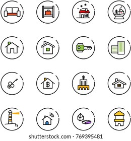 line vector icon set - vip waiting area vector, baggage room, house, snowball, home, key, building, dollar, bank, lighthouse, wireless, constructor blocks, toy block