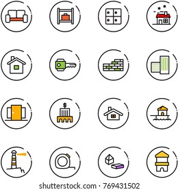 line vector icon set - vip waiting area vector, baggage room, house, home, key, brick wall, building, doors, bank, bungalow, lighthouse, measuring tape, constructor blocks, toy block