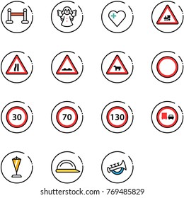 line vector icon set - vip zone vector, angel, heart, railway intersection road sign, narrows, rough, cow, prohibition, speed limit 30, 70, 130, no truck overtake, pennant, construction helmet