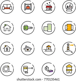 line vector icon set - vip waiting area vector, baggage room, house, snowball, home, key, building, doors, dollar, bungalow, lighthouse, measuring tape, laser lever, constructor blocks, toy block