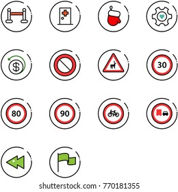 line vector icon set - vip zone vector, first aid room, christmas glove, heart gear, money back, prohibition road sign, wild animals, speed limit 30, 80, 90, no bike, truck overtake, fast backward