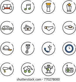 line vector icon set - vip waiting area vector, music, award, limousine, home, swimsuit, woman hat, cap, piston, phone, clock, dryer, elephant wheel, robot, radio