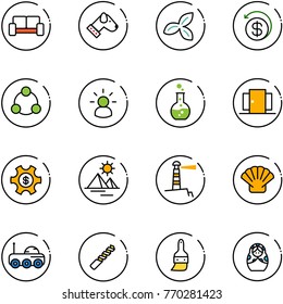 line vector icon set - vip waiting area vector, dog, three leafs, money back, social, idea, round flask, doors, managemet, pyramid, lighthouse, shell, moon rover, drill, brush, russian doll