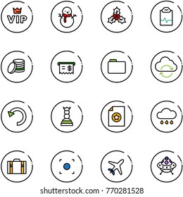 line vector icon set - vip vector, snowman, holly, pulse clipboard, coin, receipt, folder, refresh cloud, undo, chess queen, certificate, rain, suitcase, record button, plane, ufo toy