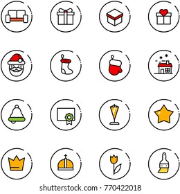 line vector icon set - vip waiting area vector, gift, santa claus, christmas sock, glove, house, bell, certificate, pennant, star medal, crown, tulip, brush