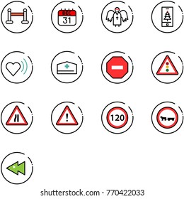 line vector icon set - vip zone vector, 31 dec calendar, angel, christmas mobile, heart beat, doctor hat, no way road sign, traffic light, narrows, attention, speed limit 120, cart horse