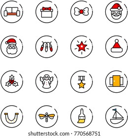 line vector icon set - vip waiting area vector, gift, bow, santa claus, garland, christmas star, hat, holly, angel, medal, doors, luck, dragonfly, brush, sailboat toy