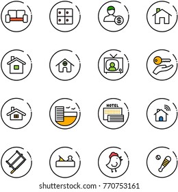 line vector icon set - vip waiting area vector, baggage room, account, home, tv news, key hand, hotel, sea, wireless, bucksaw, jointer, chicken toy, baseball bat