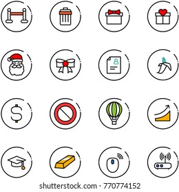 line vector icon set - vip zone vector, trash bin, gift, santa claus, bow, patient card, banana, dollar sign, prohibition road, air balloon, rise, graduate hat, gold, mouse wireless, wi fi router