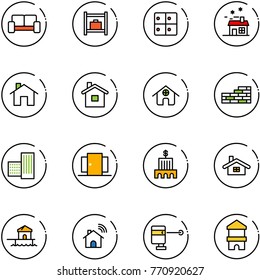 line vector icon set - vip waiting area vector, baggage room, house, home, brick wall, building, doors, bank, bungalow, wireless, laser lever, toy block