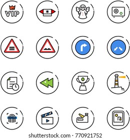 line vector icon set - vip vector, candy, angel, safe, railway intersection road sign, rough, only right, detour, history, fast backward, cup, lighthouse, fingerprint scanner, movie flap, stapler