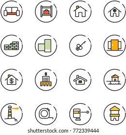 line vector icon set - vip waiting area vector, baggage room, home, brick wall, building, key, doors, dollar, bank, bungalow, lighthouse, measuring tape, laser lever, toy block house