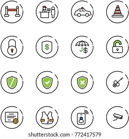 line vector icon set - vip zone vector, passport control, safety car, road cone, lock, safe, unlocked, shield, check, cross, key, certificate, life vest, identity card