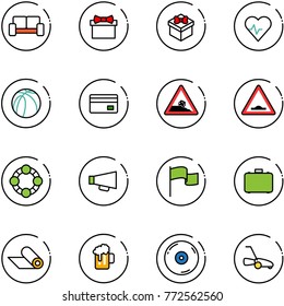 line vector icon set - vip waiting area vector, gift, heart pulse, basketball ball, credit card, steep roadside road sign, artificial unevenness, friends, loudspeaker, flag, case, mat, beer, cd