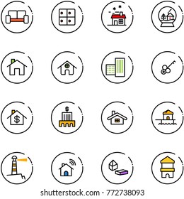 line vector icon set - vip waiting area vector, baggage room, house, snowball, home, building, key, dollar, bank, bungalow, lighthouse, wireless, constructor blocks, toy block
