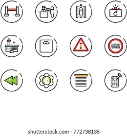 line vector icon set - vip zone vector, passport control, metal detector gate, terrorism, airport building, floor scales, traffic light road sign, customs, fast backward, gear globe, jalousie