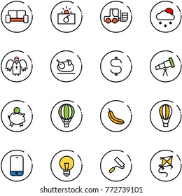 line vector icon set - vip waiting area vector, terrorism, fork loader, snowfall, angel, turkey, dollar sign, telescope, piggy bank, air balloon, banana, mobile phone, bulb, paint roller, kite