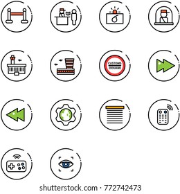 line vector icon set - vip zone vector, passport control, terrorism, officer window, airport building, customs road sign, fast forward, backward, gear globe, jalousie, remote, joystick wireless