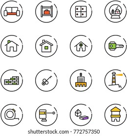 line vector icon set - vip waiting area vector, baggage room, snowball house, home, key, brick wall, bank building, lighthouse, measuring tape, laser lever, constructor blocks, toy block