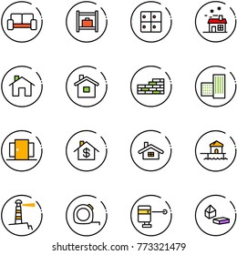 line vector icon set - vip waiting area vector, baggage room, house, home, brick wall, building, doors, dollar, bungalow, lighthouse, measuring tape, laser lever, constructor blocks