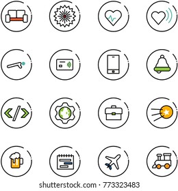 line vector icon set - vip waiting area vector, firework, heart pulse, beat, push ups, tap pay, phone, bell, tag code, gear globe, portfolio, first satellite, beer, terms plan, plane, toy train