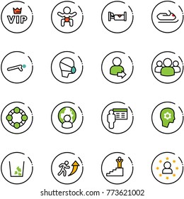 line vector icon set - vip vector, baby, hotel, snowmobile, push ups, medical mask, user login, group, friends, man globe, presentation, brain work, garbage, career, success, star