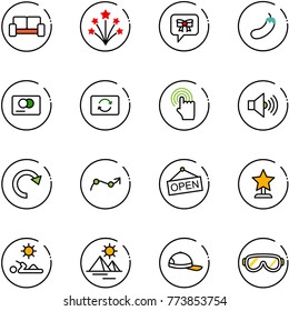 line vector icon set - vip waiting area vector, firework, bow message, eggplant, credit card, exchange, hand cursor, volume max, redo, chart point arrow, open, award, reading, pyramid, cap