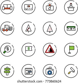 line vector icon set - vip waiting area vector, credit card, terrorism, recieptionist, fork loader, christmas tree, cash, money search, dollar flag, landslide road sign, signpost, terms plan, camera