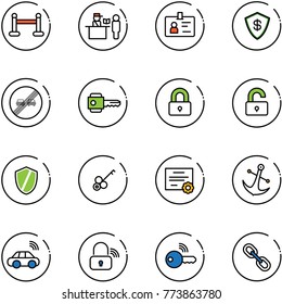 line vector icon set - vip zone vector, passport control, identity, safe, end overtake limit road sign, key, locked, unlocked, shield, certificate, anchor, car wireless, lock, link