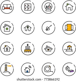 line vector icon set - vip waiting area vector, baggage room, snowball house, home, key, doors, dollar, bank building, bungalow, lighthouse, wireless, measuring tape, constructor blocks