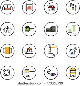 line vector icon set - vip waiting area vector, baggage room, house, home, key, brick wall, building, doors, bungalow, lighthouse, wireless, measuring tape, laser lever, constructor blocks
