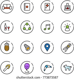 line vector icon set - vip waiting area vector, passport, first aid room, fireplace, wine, social, music, idea, pineapple, shell, navigation pin, bolt cutter, tile drill, balloon smile, boomerang
