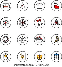 line vector icon set - vip waiting area vector, christmas tree, gift, sock, snowflake, bell, holly, wreath, angel, santa sleigh, golden branch, star medal, certificate, butterfly, chevron