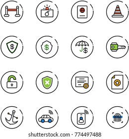 line vector icon set - vip zone vector, terrorism, passport, road cone, safe, insurance, key, unlocked, shield cross, certificate, anchor, car wireless, identity card, fingerprint scanner